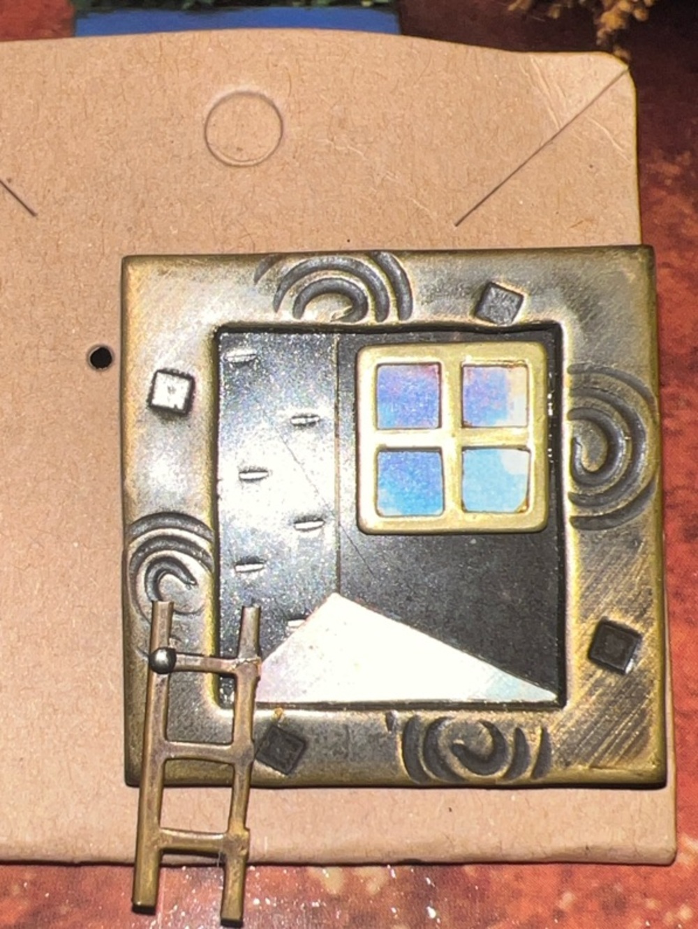 Artisan Bronze Ladder Window Brooch with Pastel Enamel